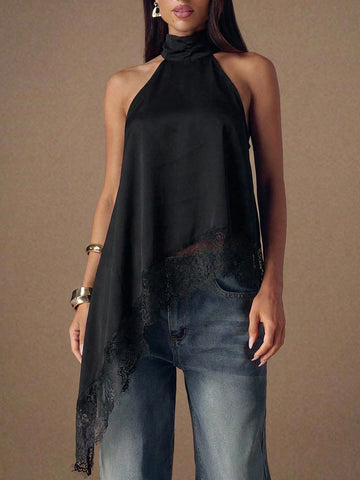 Asymmetrical Hem Lace Patchwork Elegant Halter Neck Top