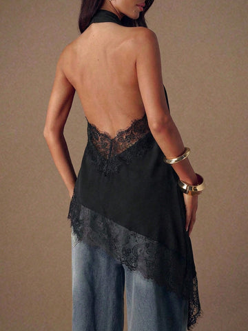 Asymmetrical Hem Lace Patchwork Elegant Halter Neck Top
