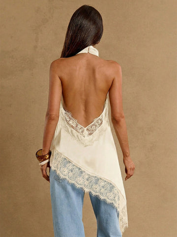Asymmetrical Hem Lace Patchwork Elegant Halter Neck Top