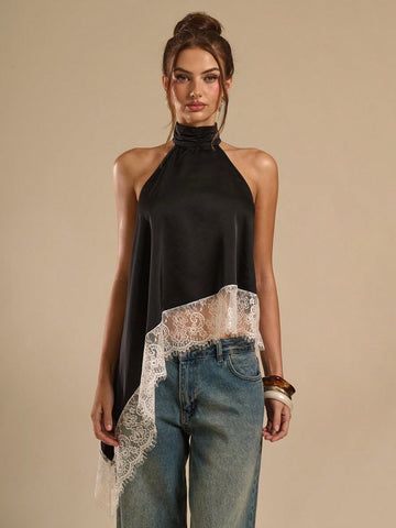Asymmetrical Hem Lace Patchwork Elegant Halter Neck Top