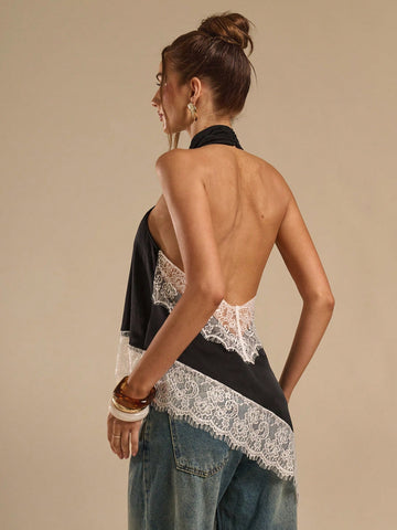 Asymmetrical Hem Lace Patchwork Elegant Halter Neck Top
