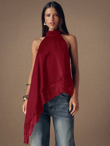Asymmetrical Hem Lace Patchwork Elegant Halter Neck Top