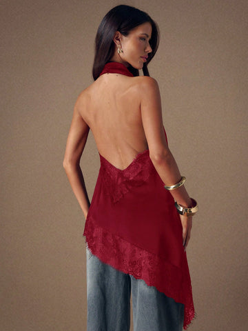 Asymmetrical Hem Lace Patchwork Elegant Halter Neck Top