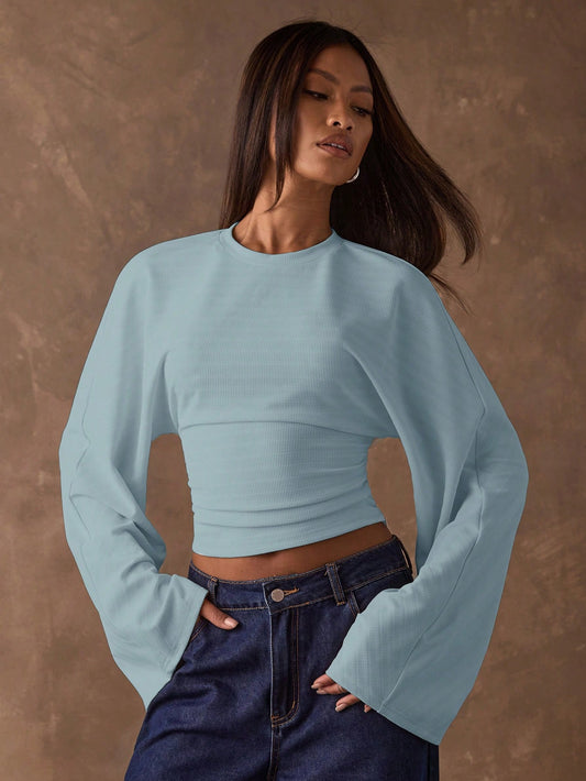 BAE Women's Solid Color Flared Sleeve Cinched Waist Blouse