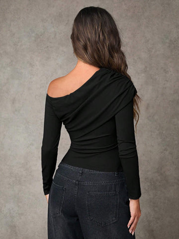 Women Casual Asymmetrical Collar Fitted Long Sleeve T-Shirt