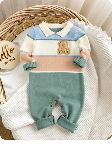 Colorblock Cartoon Pattern Polo Collar Long Sleeve Romper Jumpsuit