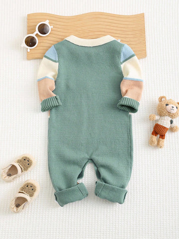 Colorblock Cartoon Pattern Polo Collar Long Sleeve Romper Jumpsuit