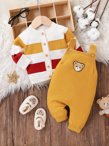 Fashionable Cute Versatile Baby Boy Striped Print Long Sleeve Cardigan Sweater