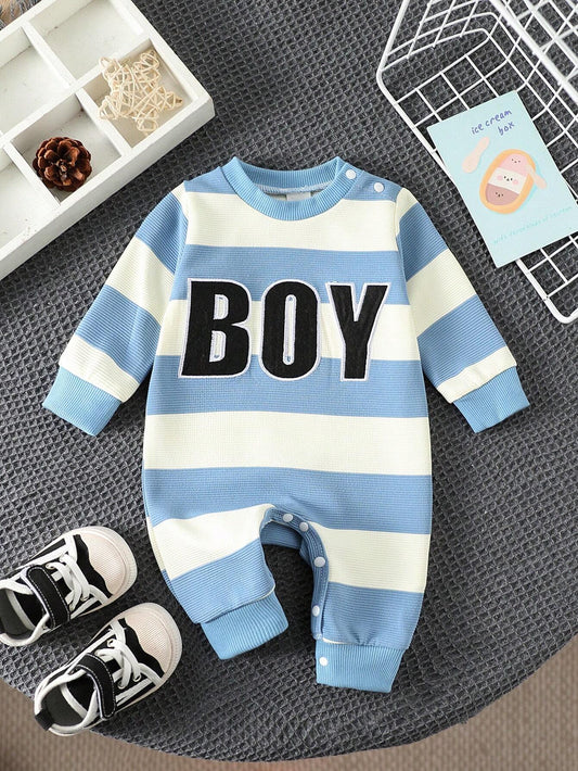 Baby Boys Casual triped Embroidered Letter Pattern Long Sleeve Romper