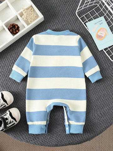 Baby Boys Casual triped Embroidered Letter Pattern Long Sleeve Romper