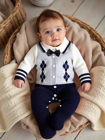 Baby Boys Casual Fashion Cute Diamond Pattern Knitted Striped Romper