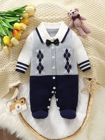 Baby Boys Casual Fashion Cute Diamond Pattern Knitted Striped Romper