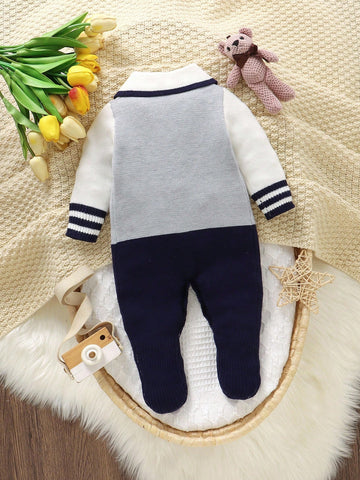 Baby Boys Casual Fashion Cute Diamond Pattern Knitted Striped Romper