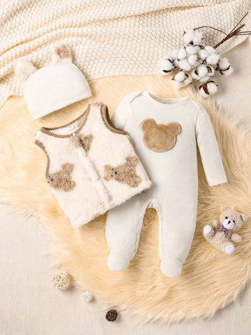 Baby Boys Cute Bear Embroidery Jumpsuit, Vest And Hat Set