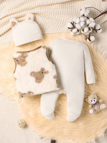 Baby Boys Cute Bear Embroidery Jumpsuit, Vest And Hat Set