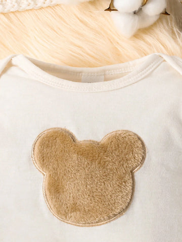 Baby Boys Cute Bear Embroidery Jumpsuit, Vest And Hat Set
