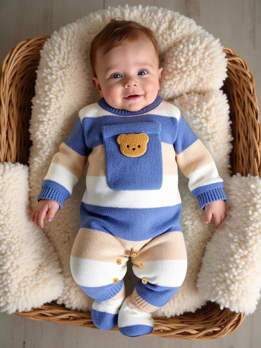Baby Boys Casual Fashion Cute Diamond Pattern Knitted Striped Romper