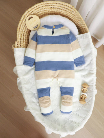 Baby Boys Casual Fashion Cute Diamond Pattern Knitted Striped Romper