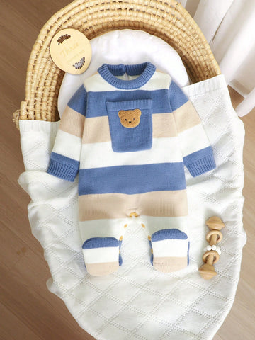 Baby Boys Casual Fashion Cute Diamond Pattern Knitted Striped Romper