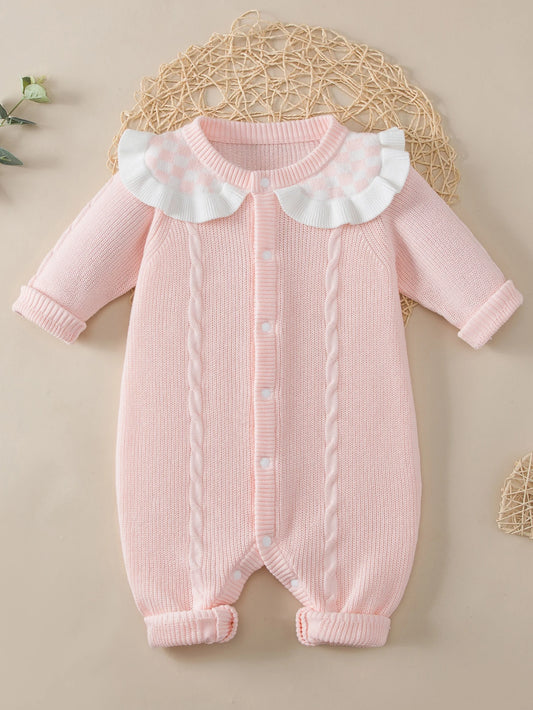 Baby Girl Checkerboard Pattern Ruffle Trim Cable Knit Romper