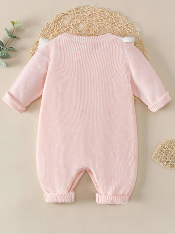 Baby Girl Checkerboard Pattern Ruffle Trim Cable Knit Romper