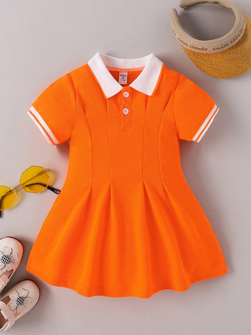 Baby Girl Contrast Collar Fold Pleated Detail Polo Neck Dress