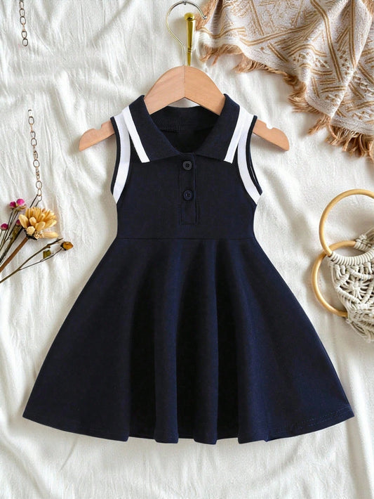 Baby Girl Striped Sleeveless Dress With Ruffled Collar