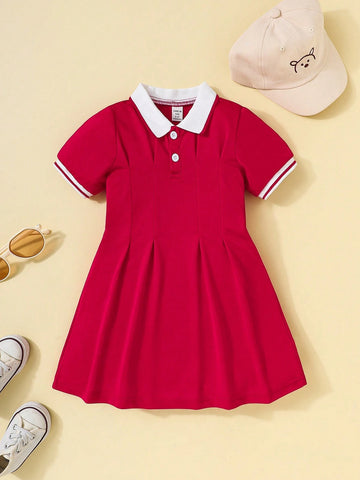 Baby Girl Contrast Collar Fold Pleated Detail Polo Neck Dress