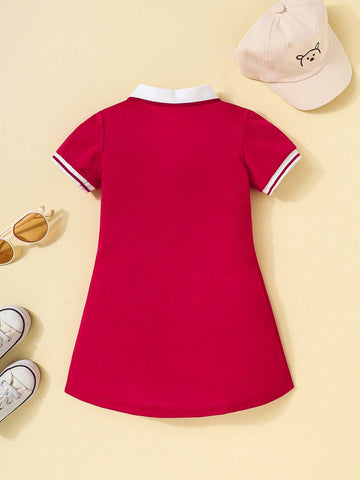 Baby Girl Contrast Collar Fold Pleated Detail Polo Neck Dress