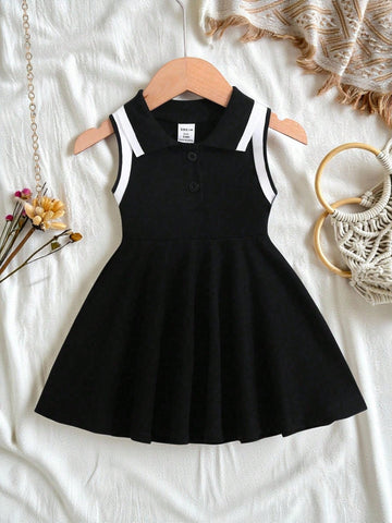 Baby Girl Striped Sleeveless Dress With Ruffled Collar