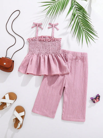 Baby Girl Solid Color Suspender Casual Jumpsuit Set