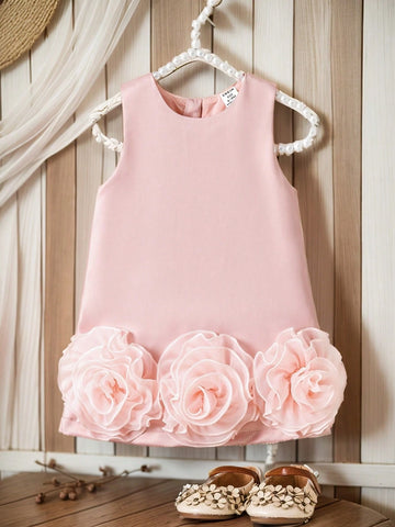 Baby Girls Elegant High-End Satin 3D Lace Floral Bowknot Back Princess Dress