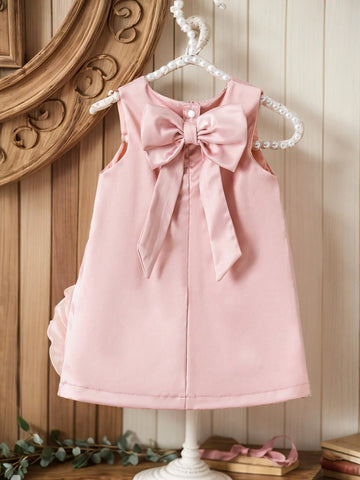 Baby Girls Elegant High-End Satin 3D Lace Floral Bowknot Back Princess Dress