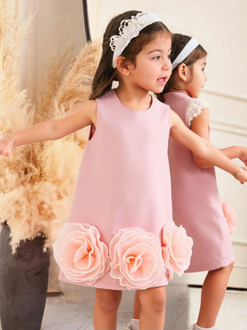 Baby Girls Elegant High-End Satin 3D Lace Floral Bowknot Back Princess Dress