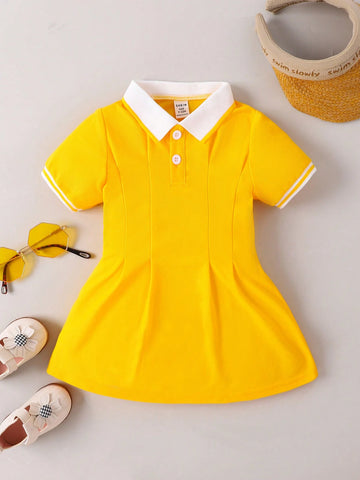 Baby Girl Contrast Collar Fold Pleated Detail Polo Neck Dress