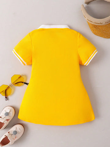 Baby Girl Contrast Collar Fold Pleated Detail Polo Neck Dress