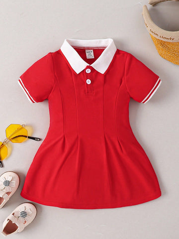 Baby Girl Contrast Collar Fold Pleated Detail Polo Neck Dress