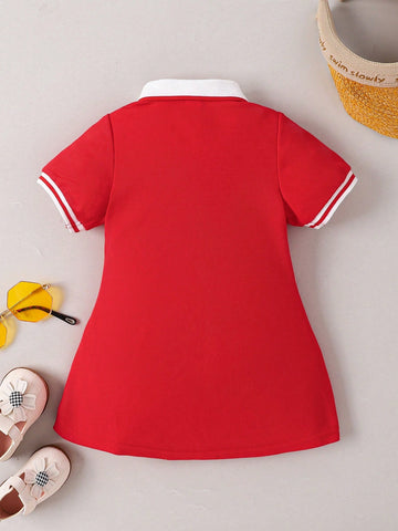 Baby Girl Contrast Collar Fold Pleated Detail Polo Neck Dress