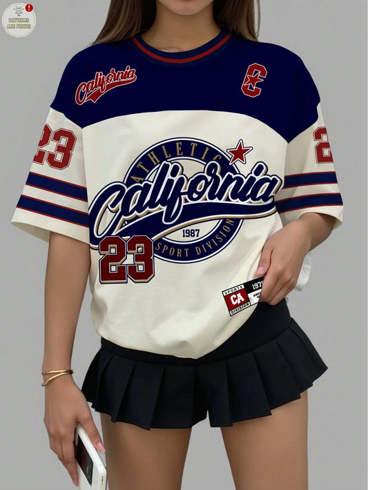 Vintage Letter & Number Badge Motif Mesh Knit Oversized T-Shirt