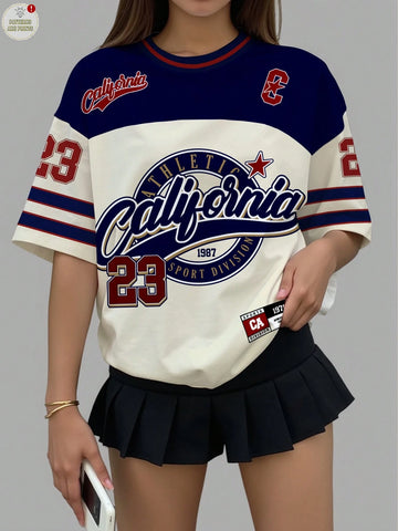 Vintage Letter & Number Badge Motif Mesh Knit Oversized T-Shirt