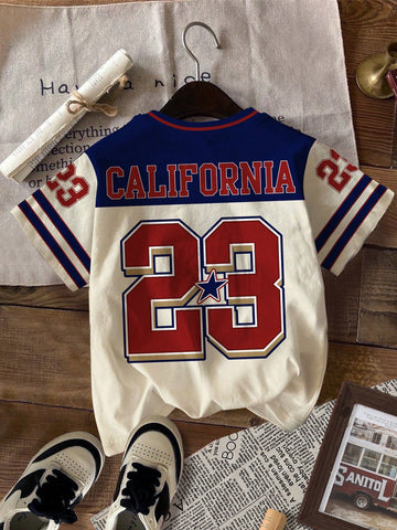 Vintage Letter & Number Badge Motif Mesh Knit Oversized T-Shirt