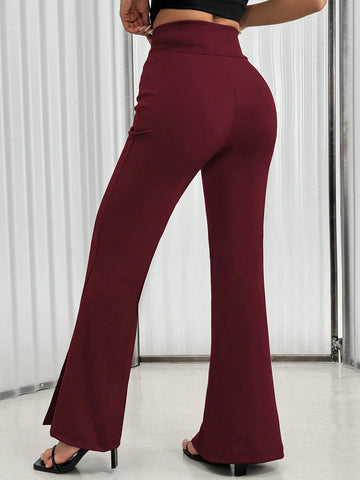 Women's Solid Color Waist Button Front Flare Leg Elegant Pants