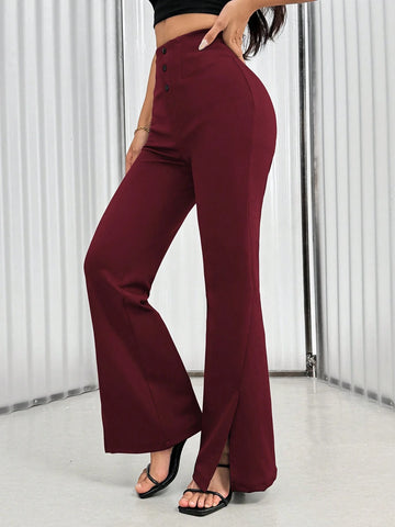 Women's Solid Color Waist Button Front Flare Leg Elegant Pants
