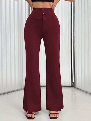 Women's Solid Color Waist Button Front Flare Leg Elegant Pants