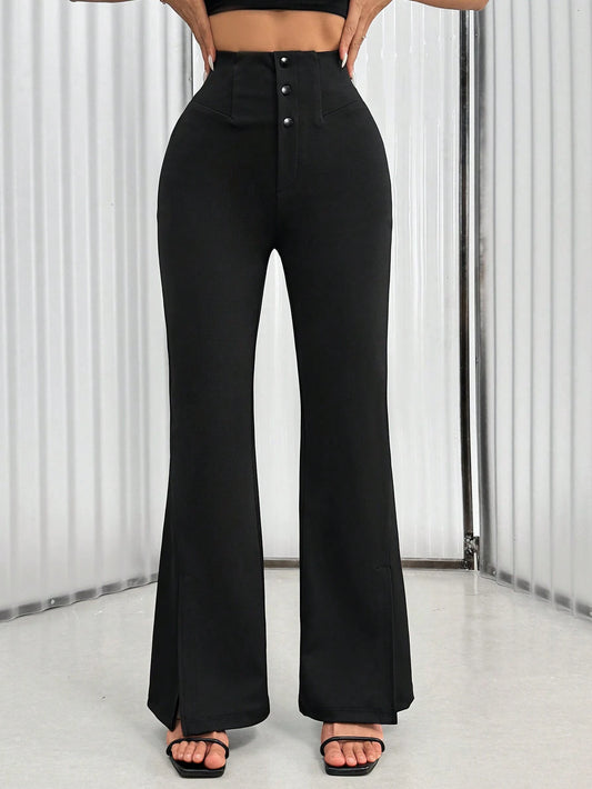 Women's Solid Color Waist Button Front Flare Leg Elegant Pants