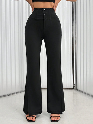 Women's Solid Color Waist Button Front Flare Leg Elegant Pants