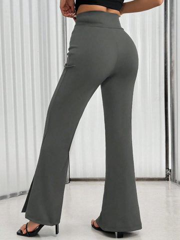 Women's Solid Color Waist Button Front Flare Leg Elegant Pants