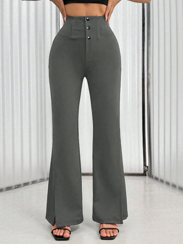 Women's Solid Color Waist Button Front Flare Leg Elegant Pants