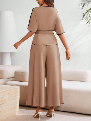 Clasi 2pcs Elegant Women Colorblock Casual Two-Piece Outfit