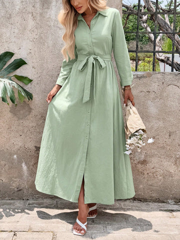 Clasi Elegant Ladies' Shirt Collar Belted Shirt Dress